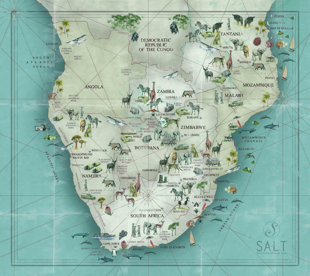 Karte der Luxusreise- und MICE-Destinationen von Salt Concepts im südlichen Afrika. Exklusive Afrika Reise und maßgeschneiderte Privatreise im südlichen Afrika mit persönlicher Betreuung durch SALT Concepts.